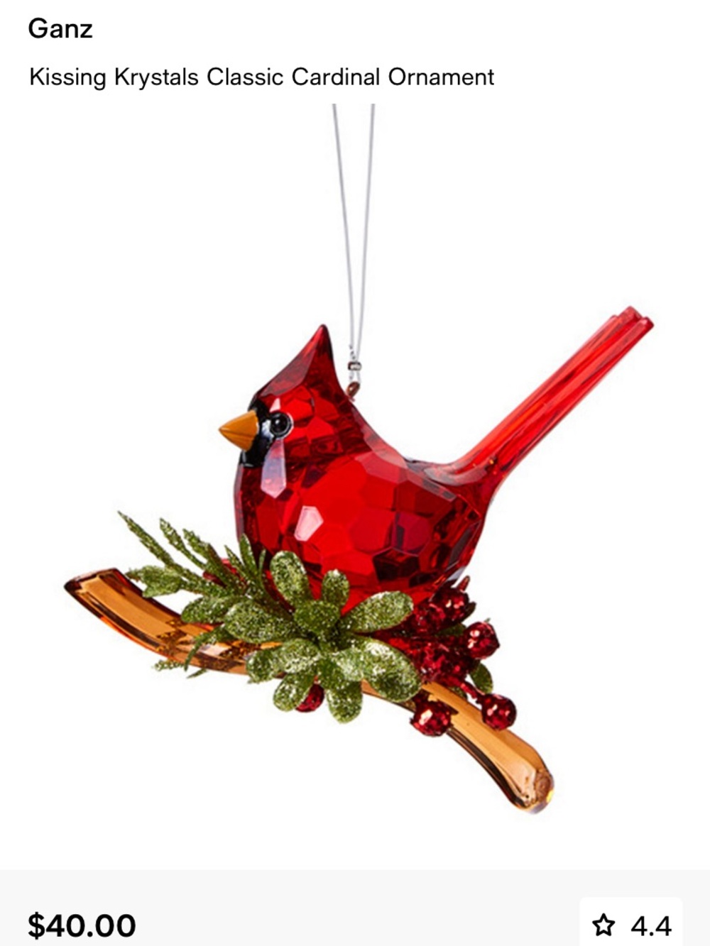 GANZ Red Faceted Cardinal Ornament with Green Glitter Accents